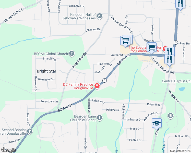 map of restaurants, bars, coffee shops, grocery stores, and more near 3806 Georgia 5 in Douglasville