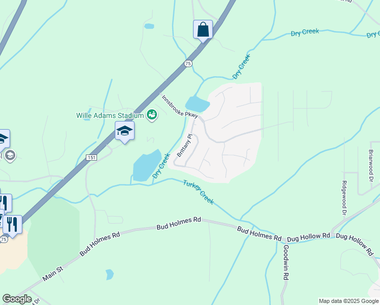 map of restaurants, bars, coffee shops, grocery stores, and more near 6908 Brittany Lane in Pinson