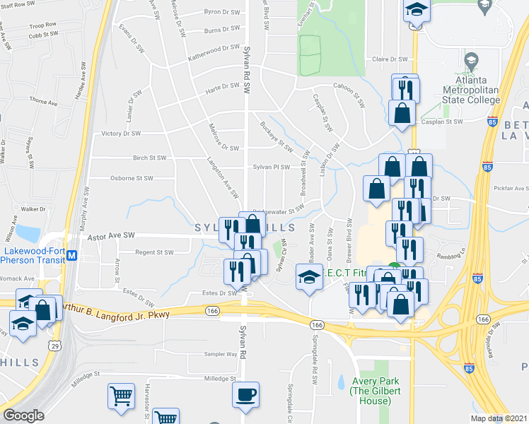 map of restaurants, bars, coffee shops, grocery stores, and more near Bridgewater St SW & Brandywine St SW in Atlanta