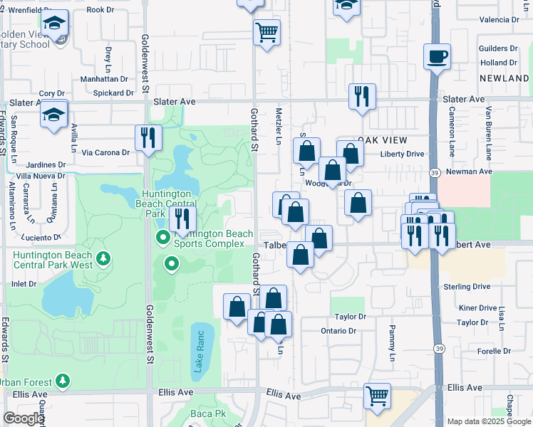 map of restaurants, bars, coffee shops, grocery stores, and more near 17902 Gothard St in Huntington Beach