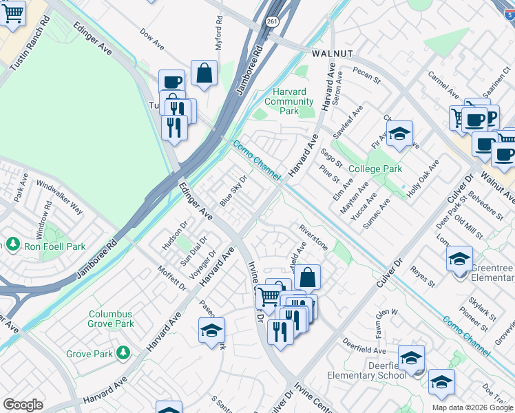 map of restaurants, bars, coffee shops, grocery stores, and more near 174 Zephyr Run in Tustin