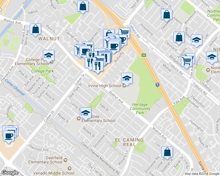 map of restaurants, bars, coffee shops, grocery stores, and more near 5 Butterfly in Irvine