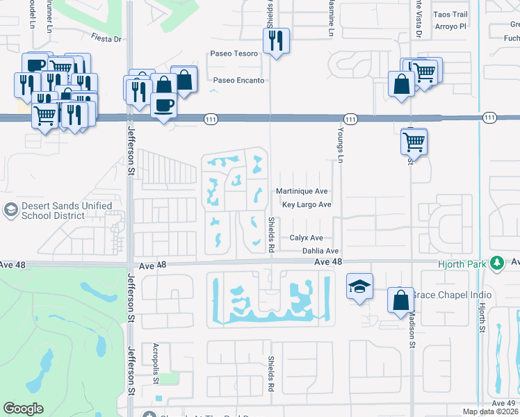 map of restaurants, bars, coffee shops, grocery stores, and more near 80394 Avenue 48 in Indio