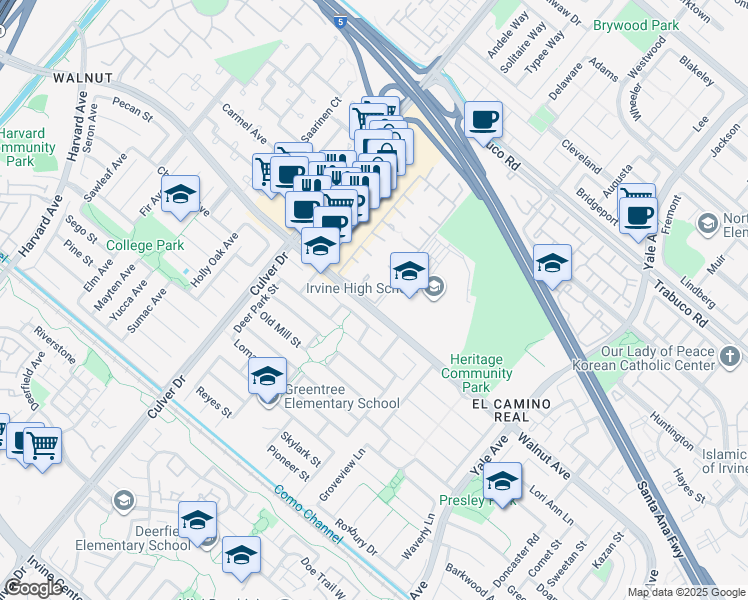 map of restaurants, bars, coffee shops, grocery stores, and more near 5 Butterfly in Irvine