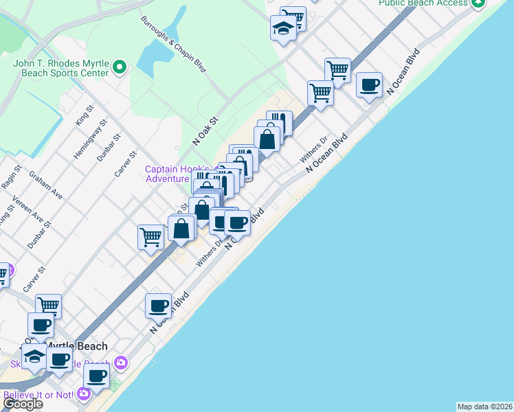 map of restaurants, bars, coffee shops, grocery stores, and more near 2208 North Ocean Boulevard in Myrtle Beach
