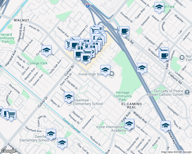 map of restaurants, bars, coffee shops, grocery stores, and more near 5 Butterfly in Irvine