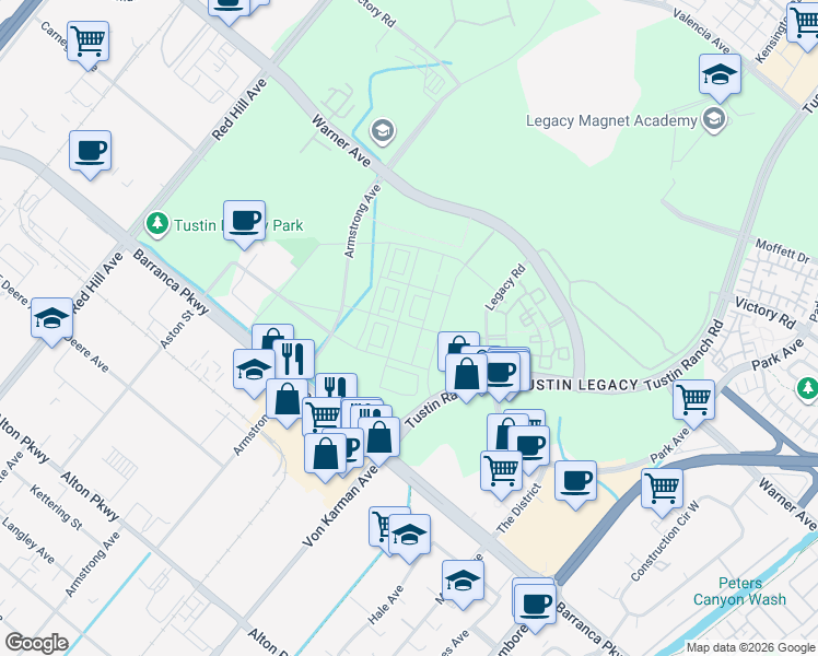 map of restaurants, bars, coffee shops, grocery stores, and more near 2122 Swaim Way in Irvine
