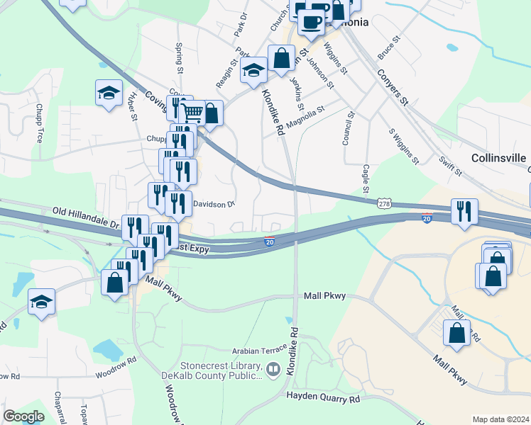 map of restaurants, bars, coffee shops, grocery stores, and more near 40 Amanda Drive in Lithonia