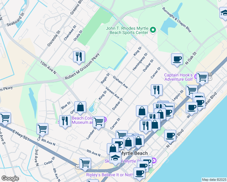 map of restaurants, bars, coffee shops, grocery stores, and more near 1109 Hemingway Street in Myrtle Beach