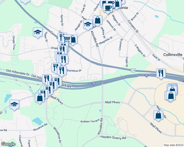map of restaurants, bars, coffee shops, grocery stores, and more near 40 Amanda Drive in Lithonia