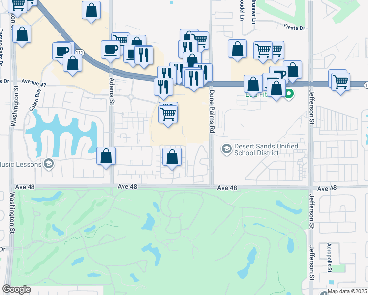 map of restaurants, bars, coffee shops, grocery stores, and more near 47615 Soft Moonlight in La Quinta
