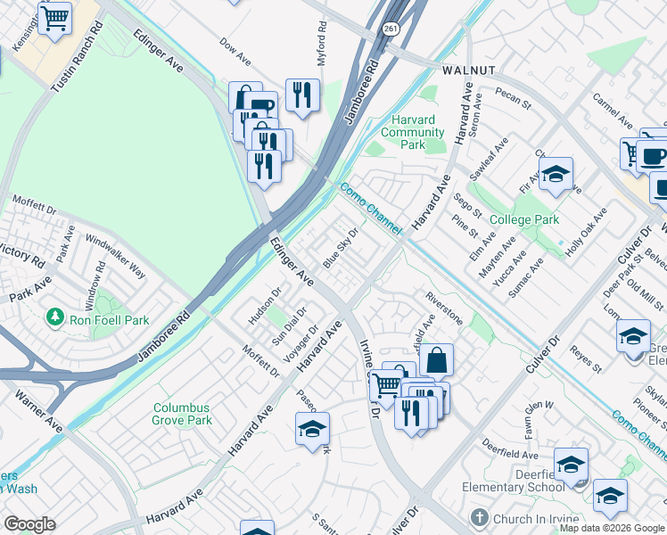 map of restaurants, bars, coffee shops, grocery stores, and more near 311 Nimbus in Tustin