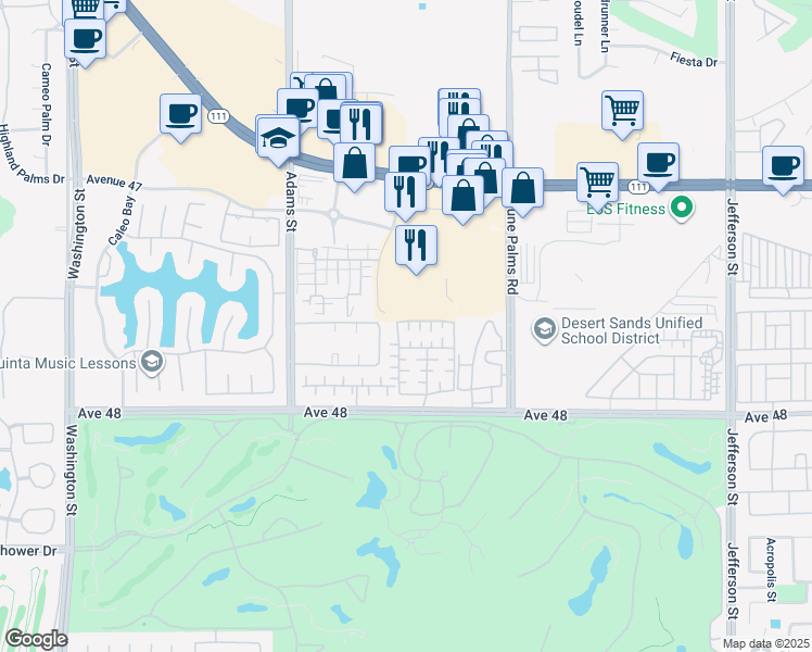 map of restaurants, bars, coffee shops, grocery stores, and more near in La Quinta