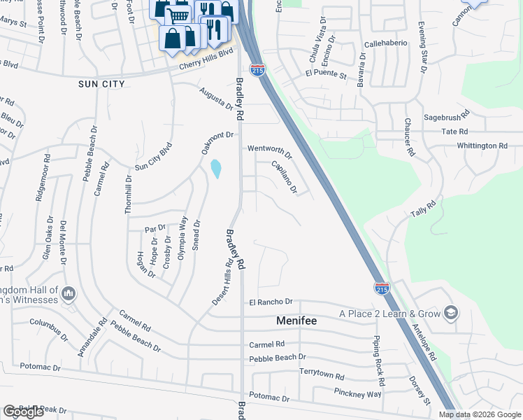 map of restaurants, bars, coffee shops, grocery stores, and more near 28780 Belmont Court in Menifee