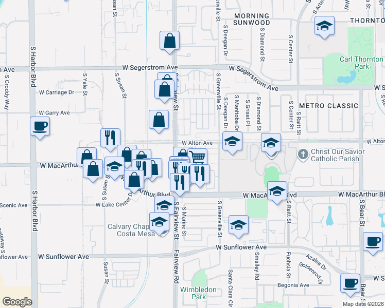 map of restaurants, bars, coffee shops, grocery stores, and more near 3366 Aries Court in Santa Ana
