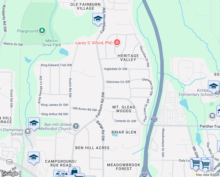 map of restaurants, bars, coffee shops, grocery stores, and more near 3582 Glenview Circle Southwest in Atlanta