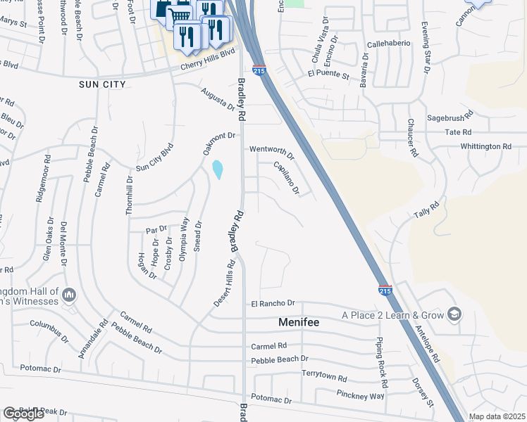 map of restaurants, bars, coffee shops, grocery stores, and more near 28780 Belmont Court in Menifee