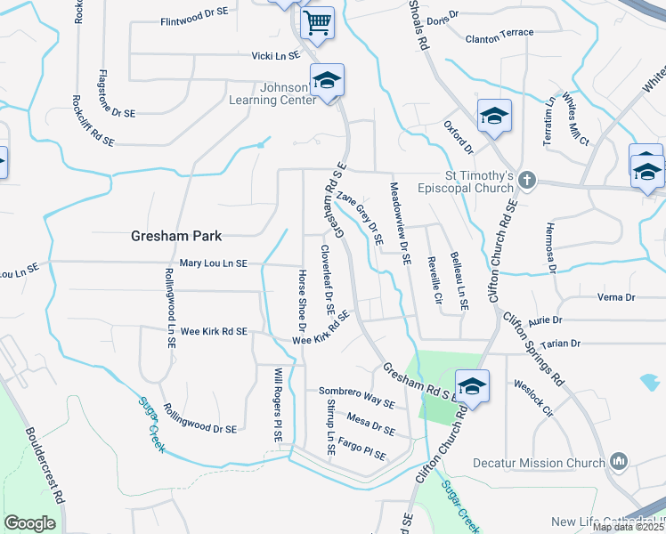 map of restaurants, bars, coffee shops, grocery stores, and more near 2874 Cloverleaf Drive Southeast in Atlanta