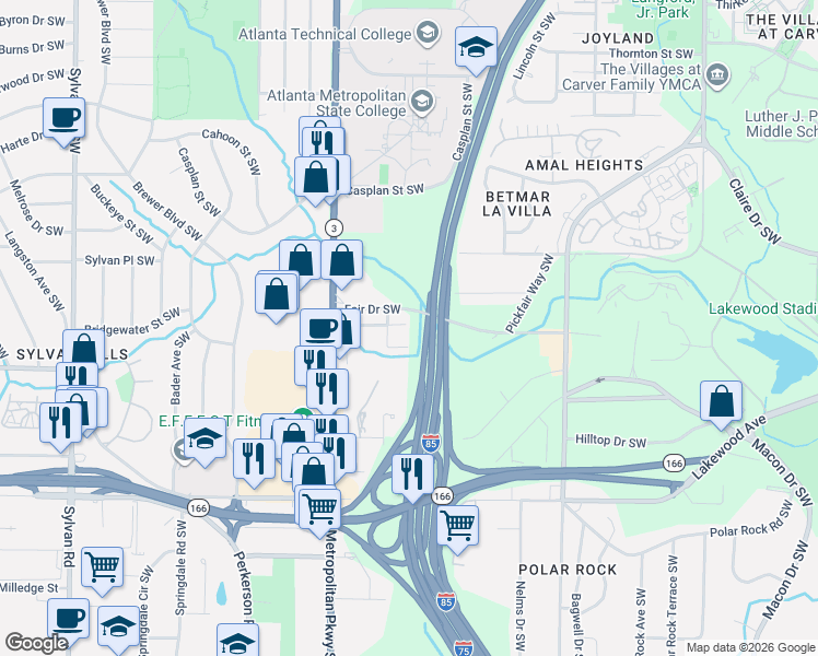 map of restaurants, bars, coffee shops, grocery stores, and more near 521 Grant Street Southwest in Atlanta