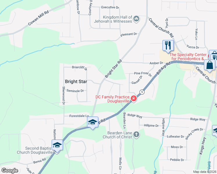 map of restaurants, bars, coffee shops, grocery stores, and more near 3790 Bright Star Road in Douglasville