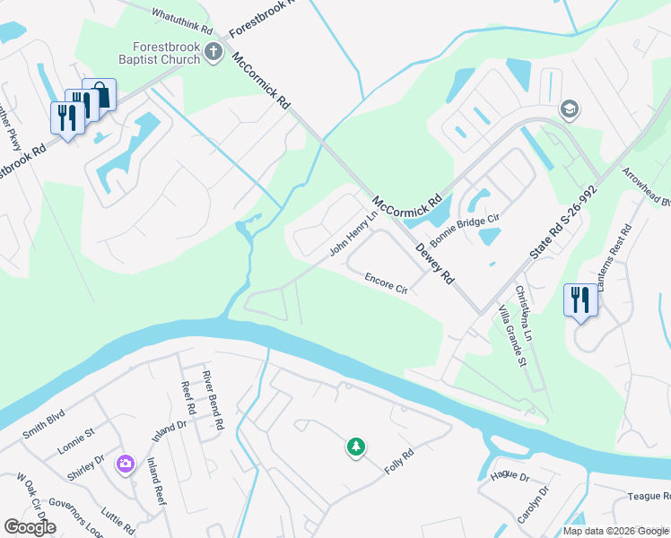 map of restaurants, bars, coffee shops, grocery stores, and more near 240 Clovis Circle in Myrtle Beach