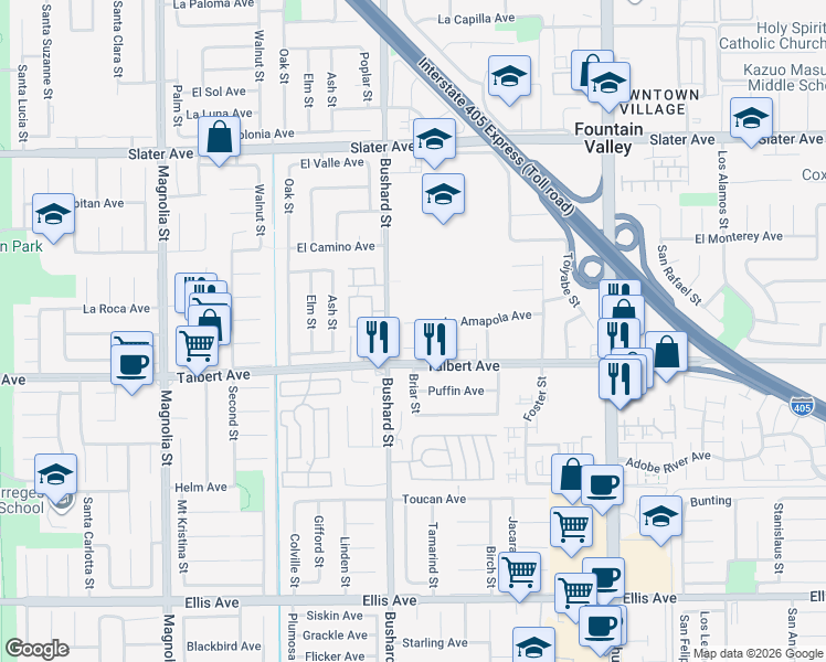 map of restaurants, bars, coffee shops, grocery stores, and more near 9560 La Amapola Avenue in Fountain Valley
