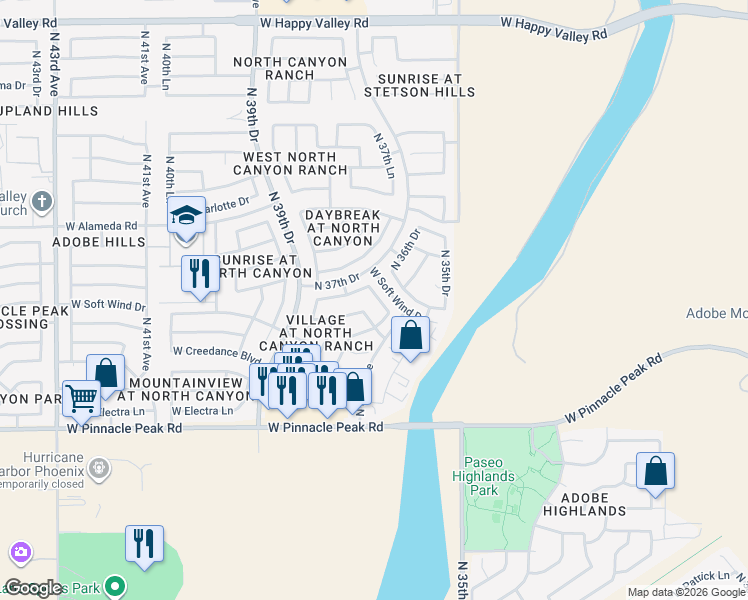 map of restaurants, bars, coffee shops, grocery stores, and more near 3625 West Camino Real in Glendale