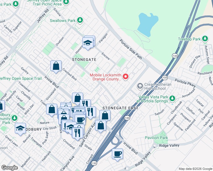 map of restaurants, bars, coffee shops, grocery stores, and more near 88 Sedgewick in Irvine