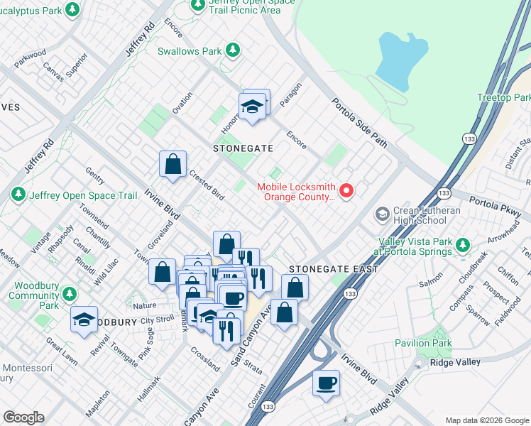 map of restaurants, bars, coffee shops, grocery stores, and more near 29 Norwich in Irvine