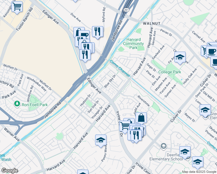 map of restaurants, bars, coffee shops, grocery stores, and more near 263 Windy Lane in Tustin