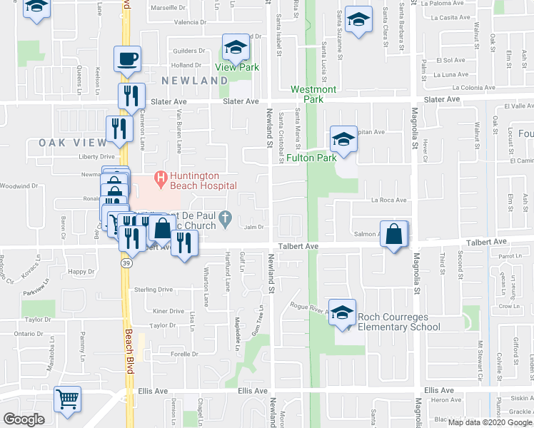 map of restaurants, bars, coffee shops, grocery stores, and more near 17801 Newland Street in Huntington Beach