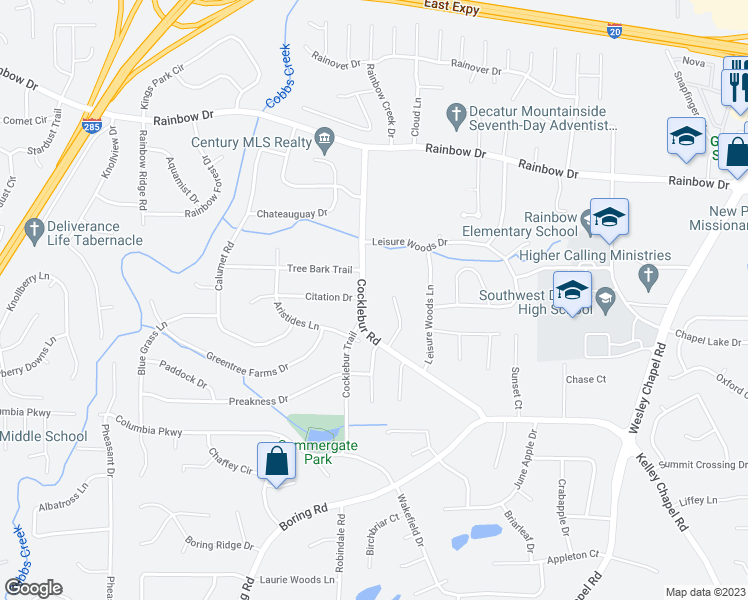 map of restaurants, bars, coffee shops, grocery stores, and more near 2847 Cocklebur Cove Court in Decatur