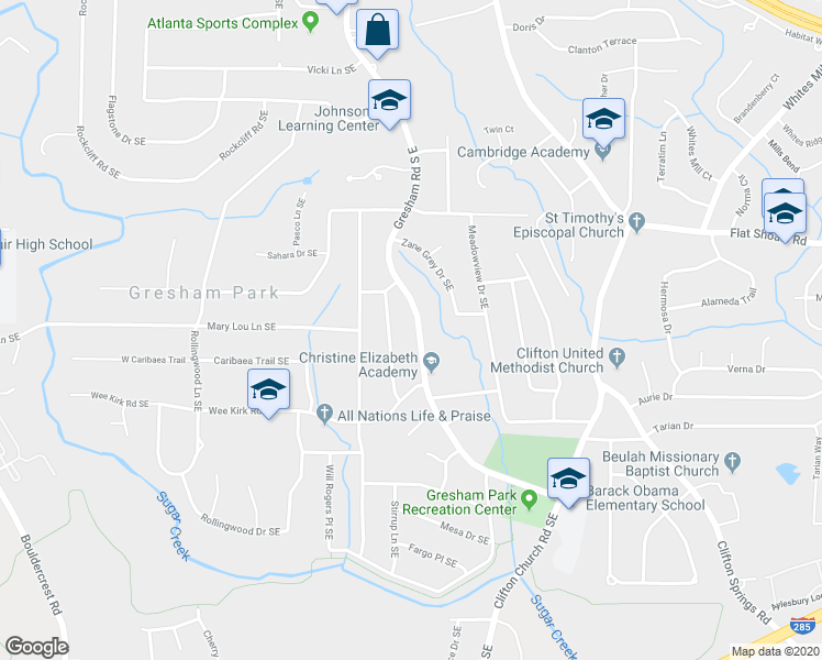 map of restaurants, bars, coffee shops, grocery stores, and more near 2905 Gresham Road South East in Atlanta