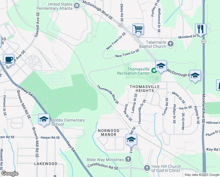 map of restaurants, bars, coffee shops, grocery stores, and more near 804 Thomasville Boulevard Southeast in Atlanta