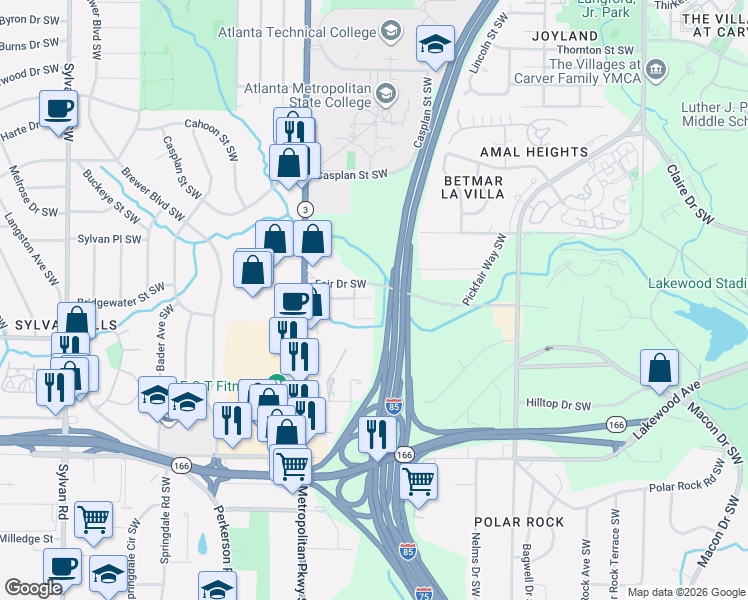 map of restaurants, bars, coffee shops, grocery stores, and more near 521 Grant Street Southwest in Atlanta