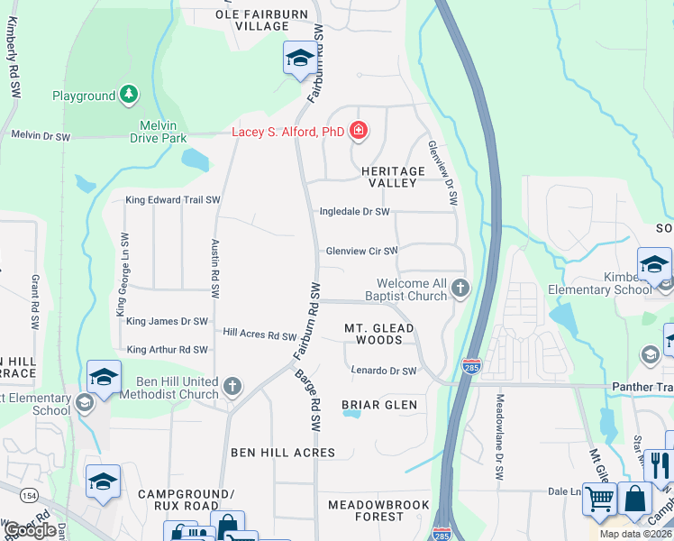 map of restaurants, bars, coffee shops, grocery stores, and more near 3582 Glenview Circle Southwest in Atlanta
