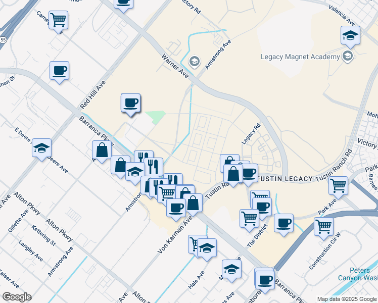 map of restaurants, bars, coffee shops, grocery stores, and more near 16328 Helber Way in Tustin
