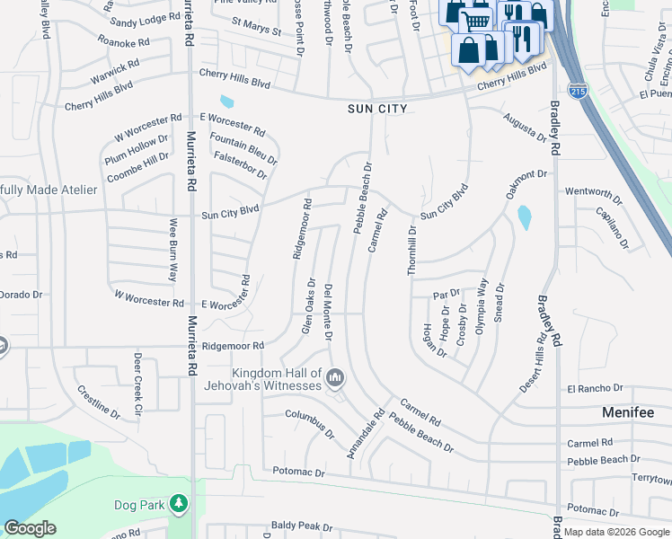 map of restaurants, bars, coffee shops, grocery stores, and more near 28761 Del Monte Drive in Menifee