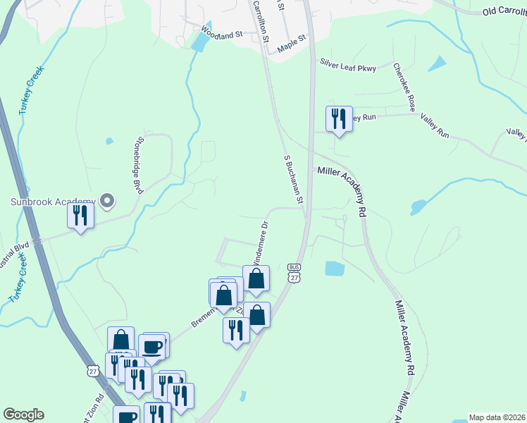 map of restaurants, bars, coffee shops, grocery stores, and more near 111 Windemere Drive in Bremen