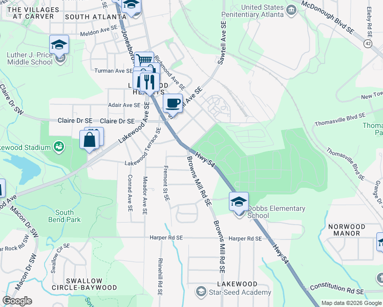 map of restaurants, bars, coffee shops, grocery stores, and more near 1897 Jonesboro Road Southeast in Atlanta