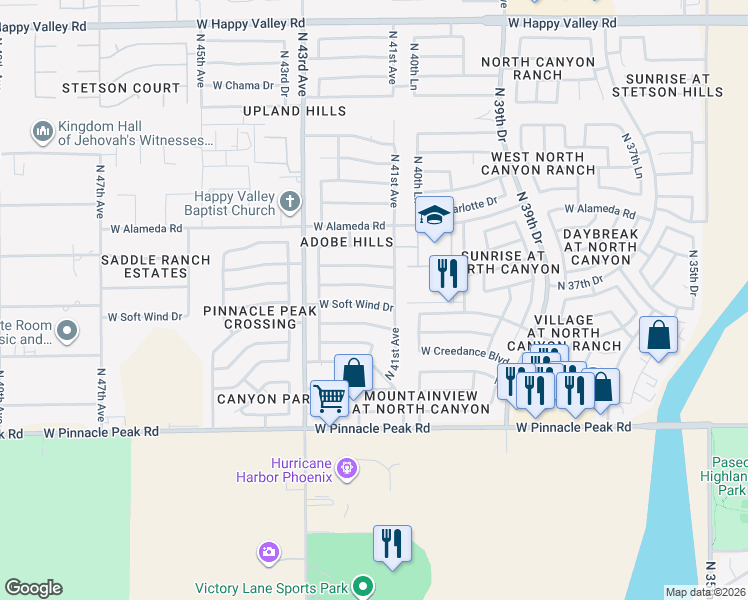 map of restaurants, bars, coffee shops, grocery stores, and more near 4120 West Soft Wind Drive in Glendale