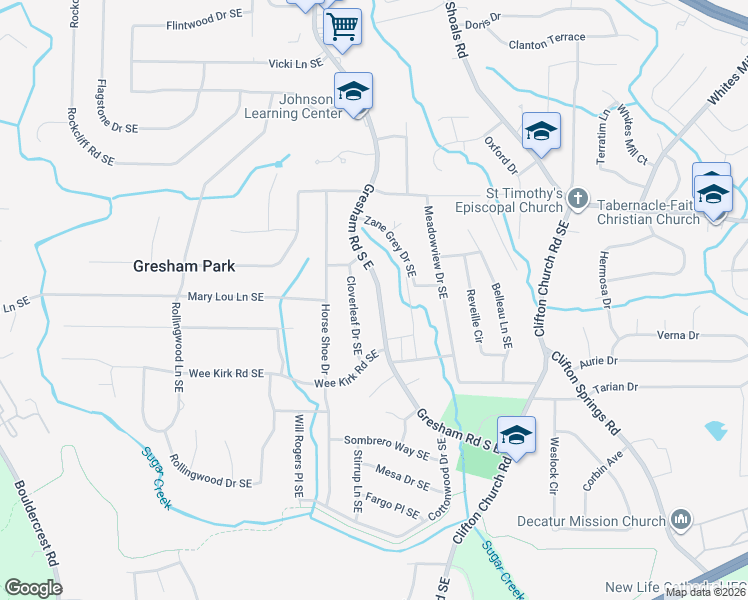 map of restaurants, bars, coffee shops, grocery stores, and more near 2890 Gresham Road South East in Atlanta