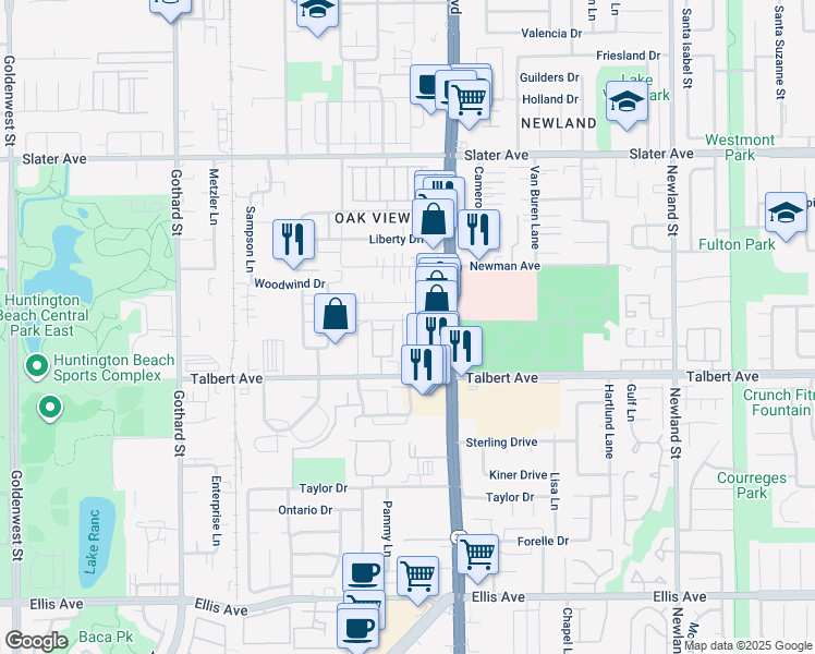 map of restaurants, bars, coffee shops, grocery stores, and more near 17871 Bell Circle in Huntington Beach