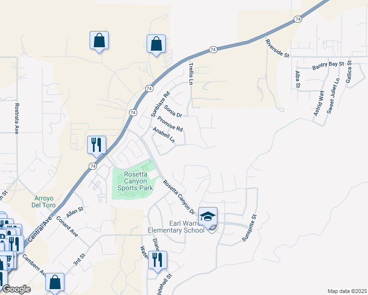 map of restaurants, bars, coffee shops, grocery stores, and more near 45007 Starina Street in Lake Elsinore
