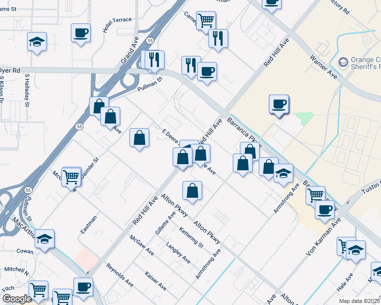 map of restaurants, bars, coffee shops, grocery stores, and more near 2098 East Deere Avenue in Santa Ana