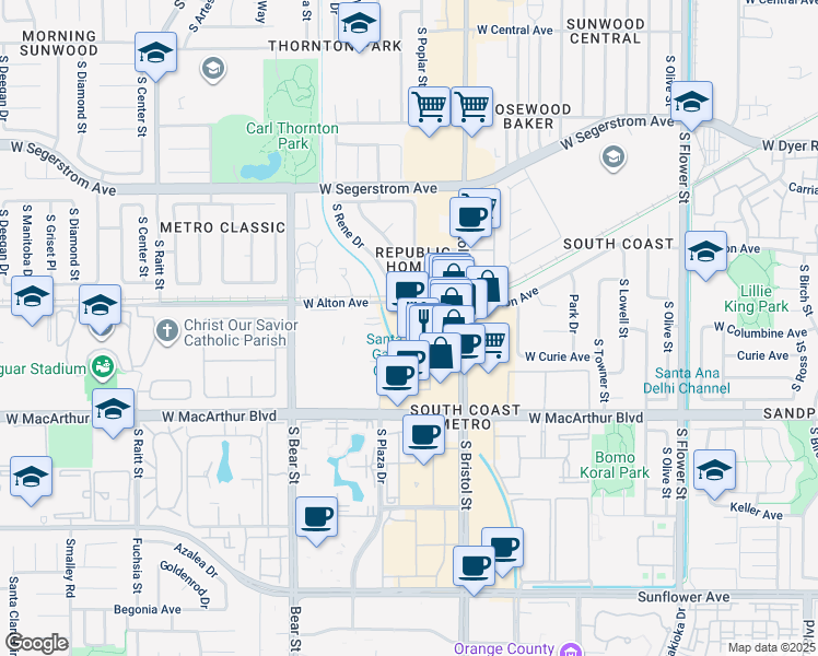 map of restaurants, bars, coffee shops, grocery stores, and more near 3300 South Bristol Street in Santa Ana