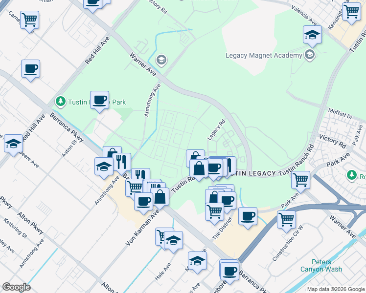 map of restaurants, bars, coffee shops, grocery stores, and more near 16289 Dawn Way in Tustin