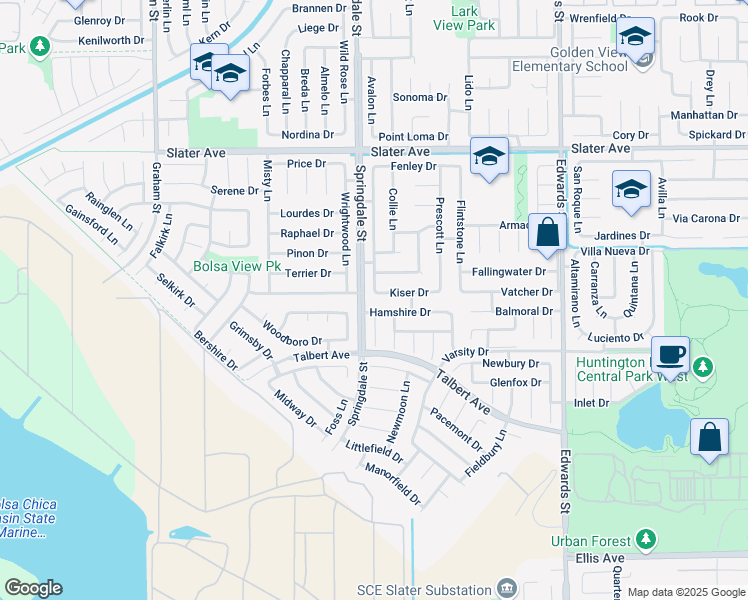 map of restaurants, bars, coffee shops, grocery stores, and more near 6042 Wintergreen Drive in Huntington Beach
