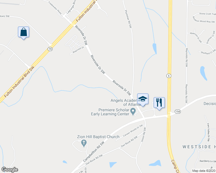 map of restaurants, bars, coffee shops, grocery stores, and more near 5890 Riverside Drive Southwest in Atlanta