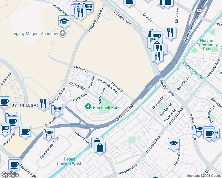 map of restaurants, bars, coffee shops, grocery stores, and more near 61 Windwalker Way in Tustin
